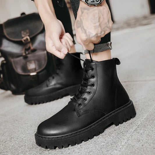Men Shoes Autumn Anti Slip Waterproof High Top Black Lace Up Casual Leather Shoes Platform Boots Fashion Trend Motorcycle Boots