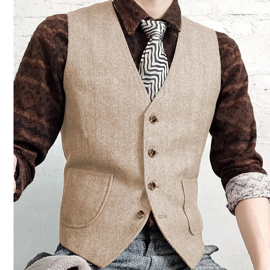 Men Vest Gray Herringbone Single Button V Neck Waistcoat For Wedding Banquet Business Office Work Daily Casual Men Suit Vest