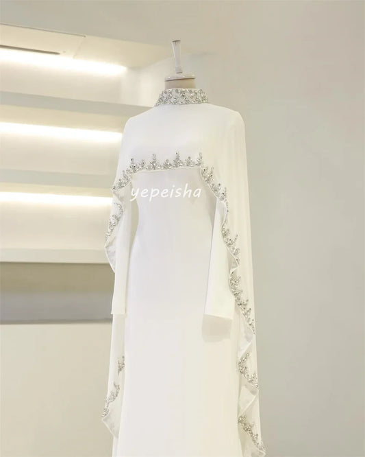 Customized Modern Style Intricate Jersey Ruched Rhinestone Straight High Collar Long Dresses Bespoke Occasion Dresses Classic