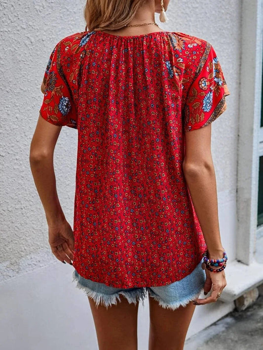 Summer Floral Print Blouses For Women Fashion V Neck Short Sleeve Boho Beach Casual Tops Female Elegant Shirt New Womenes