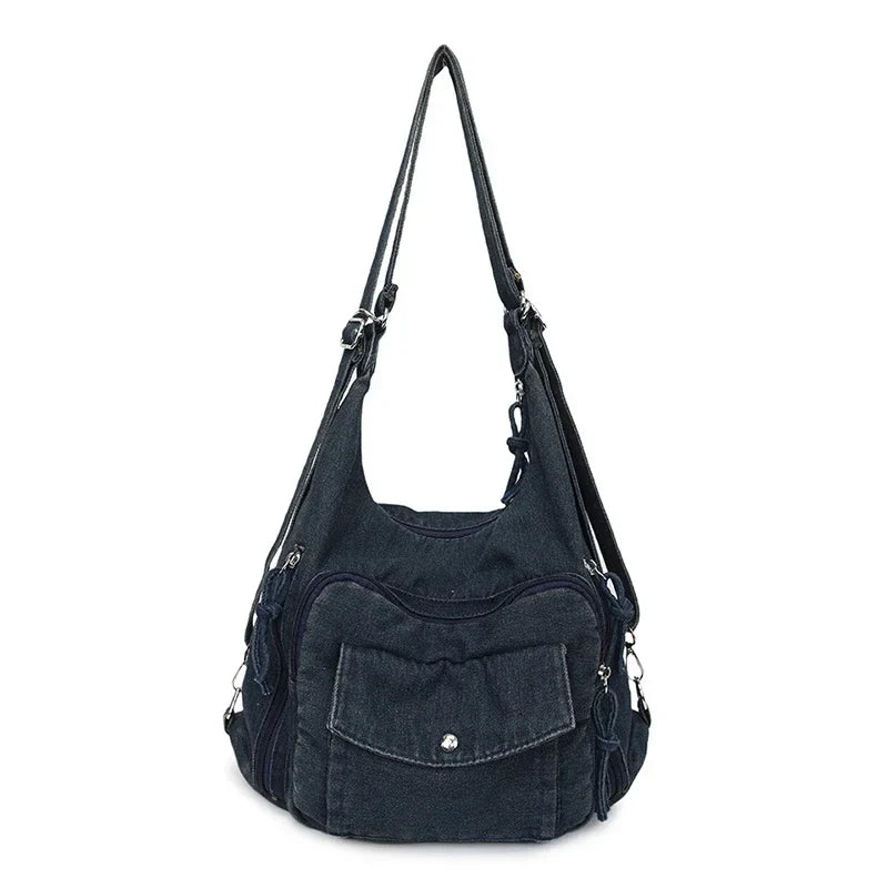 Solid Color Denim Trendy Shoulder Bag for 2025 High Quality Fashion Zipper Large Capacity Versatile Women's Crossbody Bag