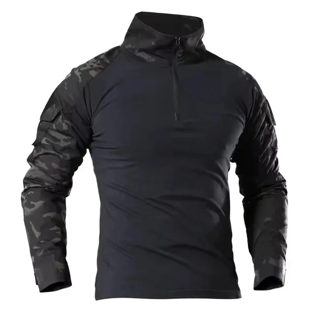 Men's Long Sleeve Combat Shirt Zipper Ripstop Cotton Tactical Shirts Navy Blue Camoufalge Airsoft T Shirts