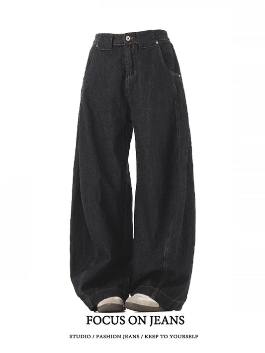 American Retro Deconstructed Bla Knife Jeans Women's Loose Silhouette Wide Leg Floor Length Trousers Casual High Waist...