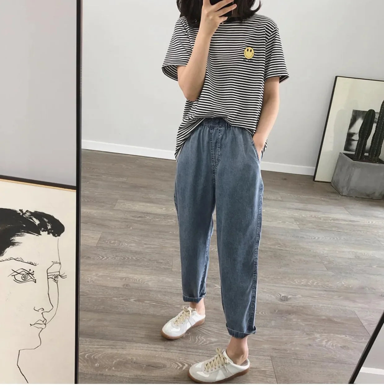 Summer Plus Size Jeans Woman Casual Loose Baggy Denim Harem Pants Elastic Waist Thin Cotton Mom Jeans Women Ankle-Length Slacks