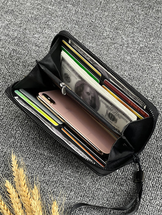 Portefeuille long zippé de style professionnel avec plusieurs fentes pour cartes, pochette organisatrice grande capacité