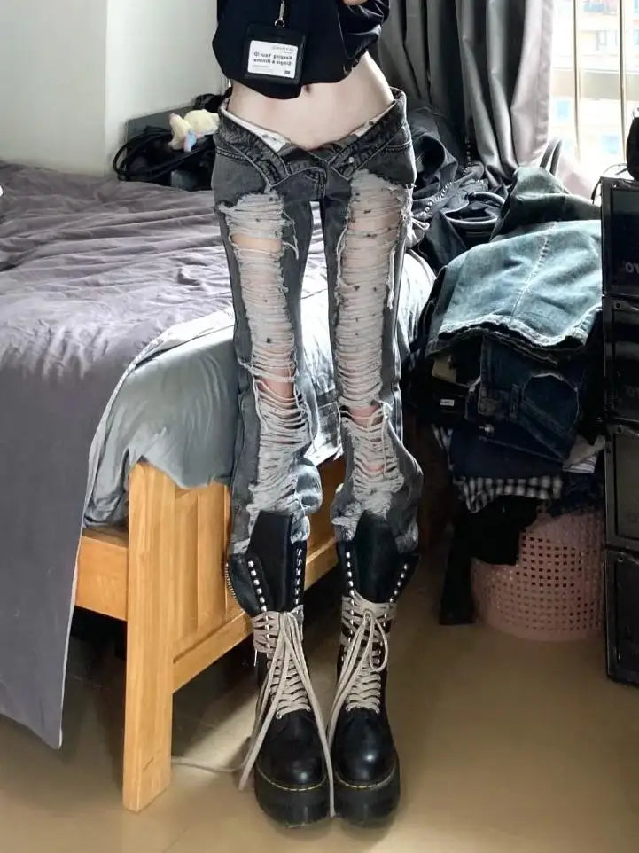 Women Goblin Core Harajuku Abi Y2K Flare Denim Pants Cyber Punk Long Trousers Slim Grunge Goth Baddie Trumpet Pants Y2k Japanese