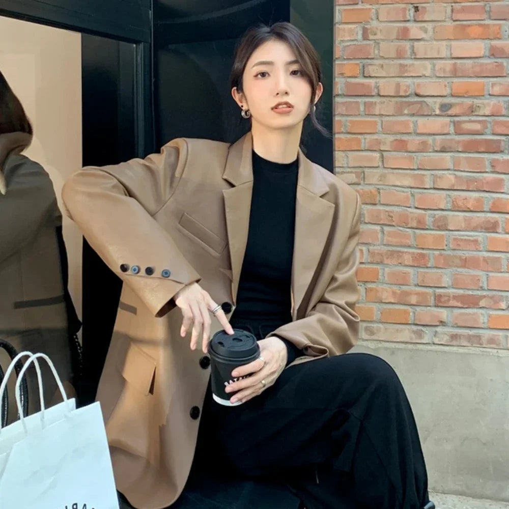 Blazer Woman PU Leather Black Outerwears Long Over Loose Jacket Coats for Women Solid Clothes Dress Korean Style Fashion 2025