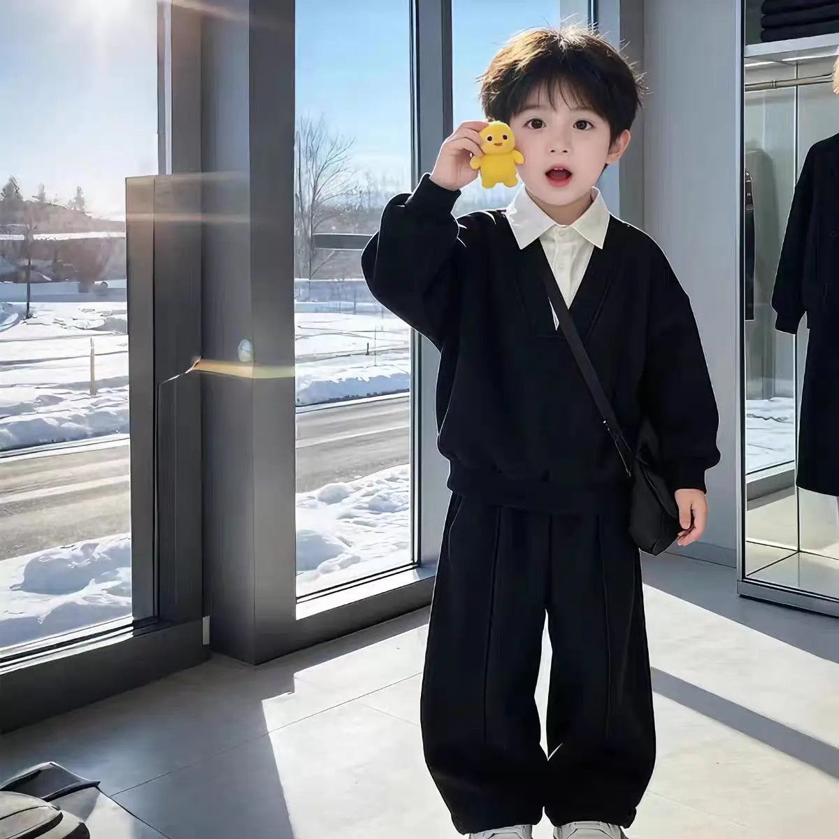 Boys Korean Cotton Sports Shirt Collar Set Spring Autumn 2026 New Children's Boys Fashion Fake Two Piece Top+ Pants 2pcs Set