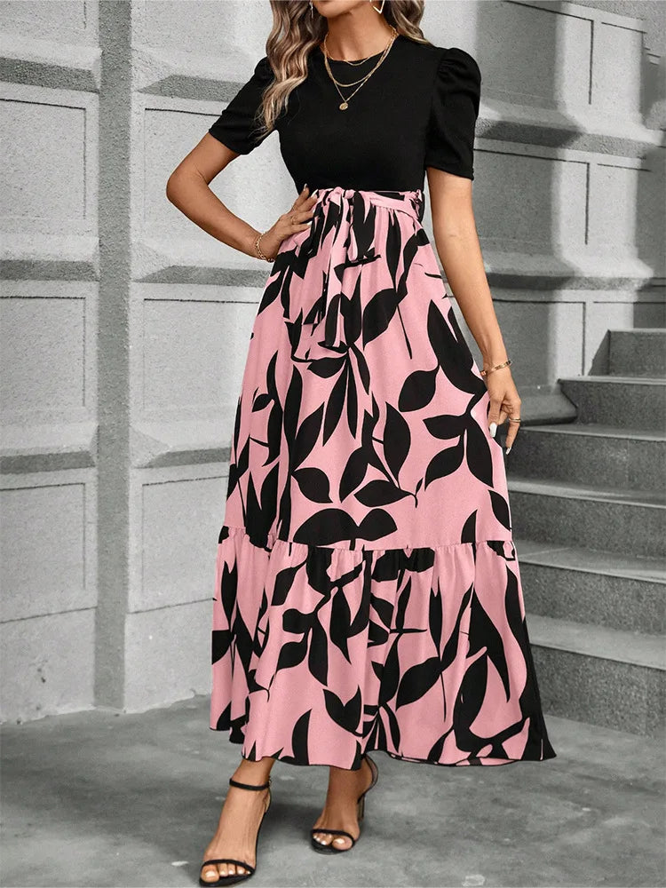 Elegant Floral Print Round Neck Long Dresses Women Short Sleeve High Waist Lace-up Office Lady Holiday Party Dresses Vestidos