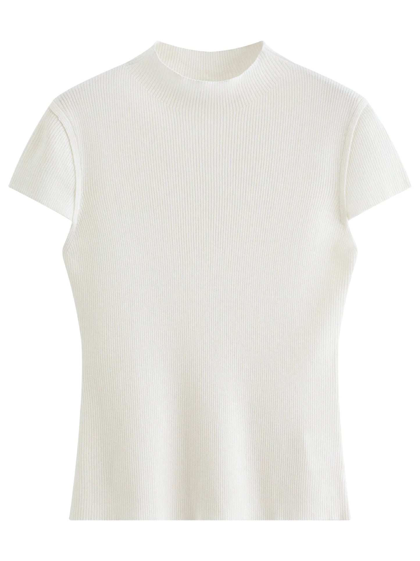 2026 Spring Women's Semi-High Neck Solid Wool Knit Sweater - Slim Fit Short Sleeve Simple Top for Casual Office Wear