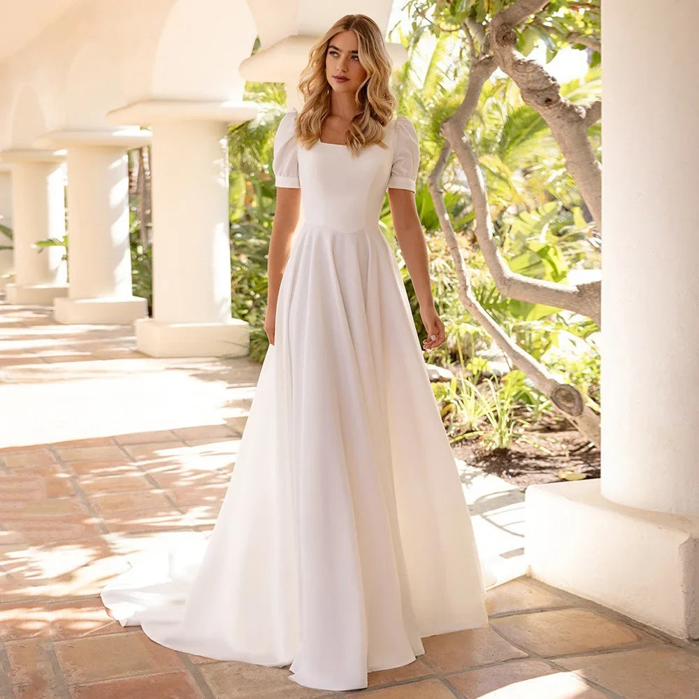 Short Sleeves Wedding Dress Customized Square Neck Back Zipper Buttons Sweep Train Simple Modern Bridal Gown Vestido Noiva