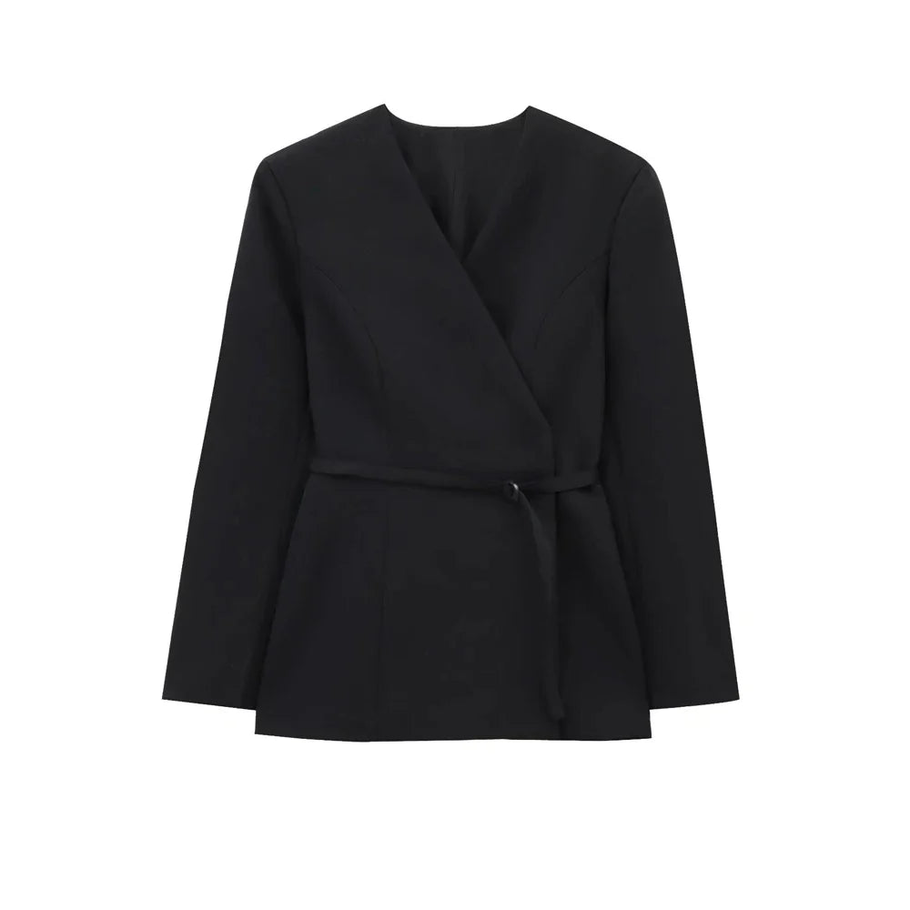 Women's Chic V-Neck Blazer Coat with Belt Long Sleeve Snap-Button Fashion Outerwear Top