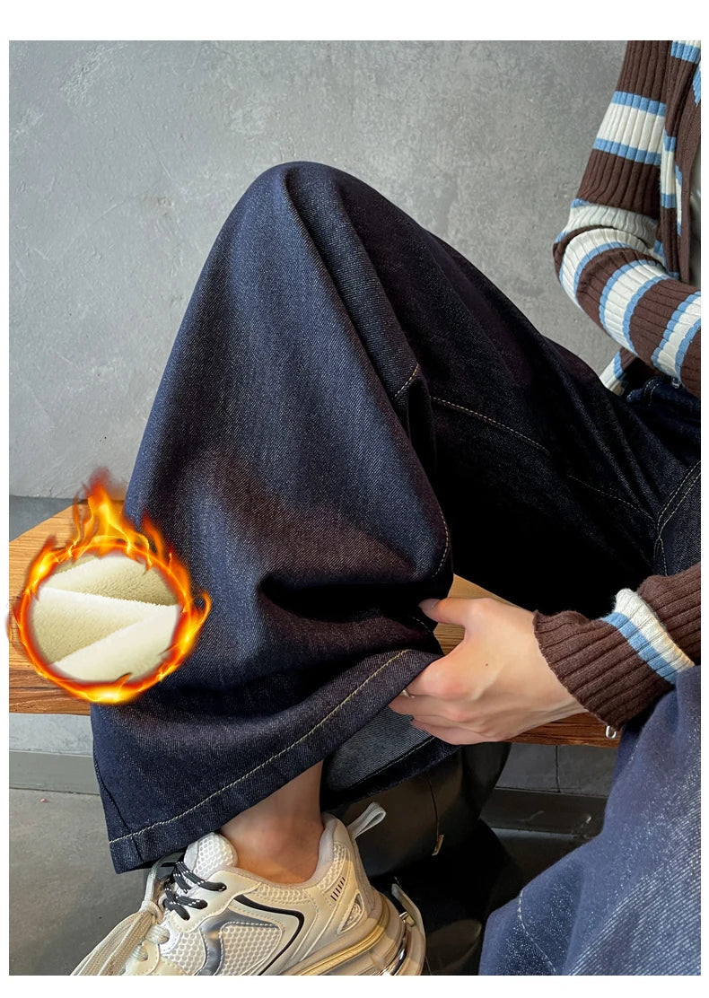 Wide Legs Fleece Jeans Women Winter Loose Velvet Casual Pants Comfortable Warm Straight Fashion Pocket Plush Denim Trousers