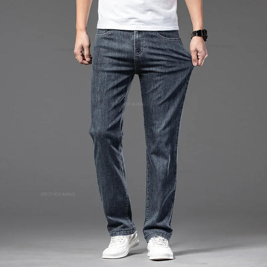 Spring Summer Thin Men's Classic Jeans Elastic Loose Straight Cotton Casual Denim Trousers Brand Clothing Business Male Pants