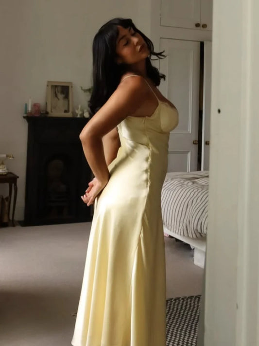 Yellow V Neck Satin Lace Patchwork Maxi Dress Chic Spaghetti Strap Backless Slip Robe 2026 Summer New Lady Beach Holiday Vestido