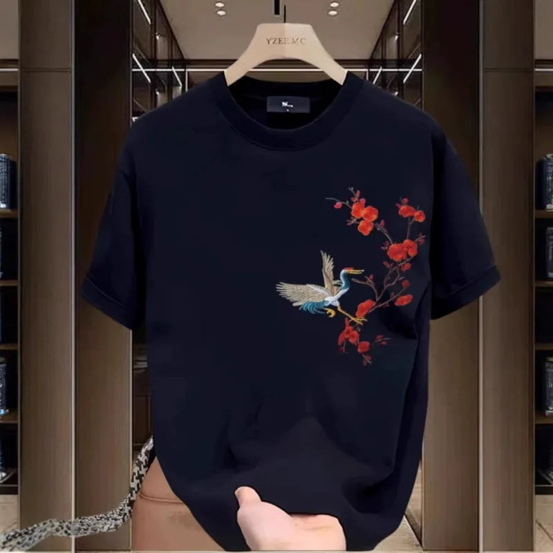 Men's Cotton T-shirts White 5XL T Shirt for Men Casual Summer Wear Red-crowned Crane Print Tee Shirts Black Men Clothing