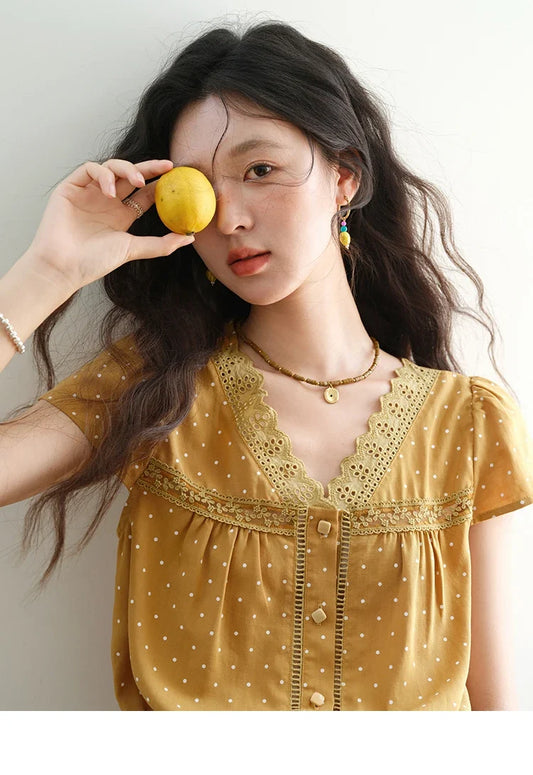 Women's V-neck Lace Splicing Blouse 2025 Summer New Ladies Fashion Polka Dot Hollow Ruffle Button Female Top MXE38X1847