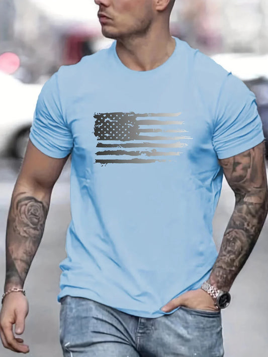 Men's summer 100 cotton fashionable casual loose plus size American flag printed sports round neck short sleeved T-shirt top