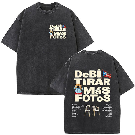 Washed Vintage Rapper Bad Bunny T-shirt Debi Tirar Mas Fotos DTMF World Tour Album T Shirts Men Women Fashion Hip Hop T-shirts