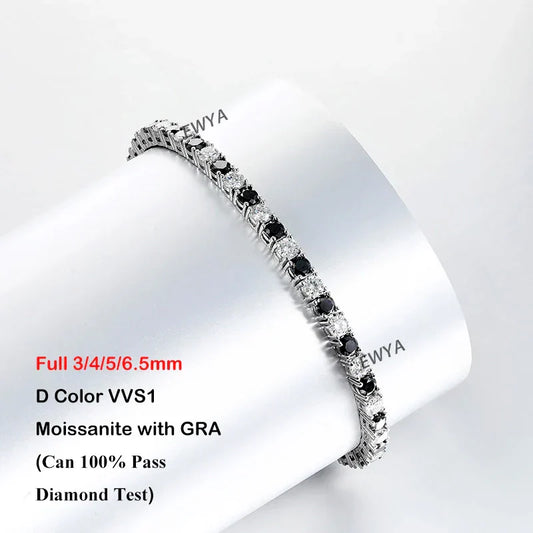Bracelet de tennis unisexe en moissanite D de couleur bleu-vert-blanc, tailles 3/4/5/6,5 mm, en argent S925, entièrement serti de diamants