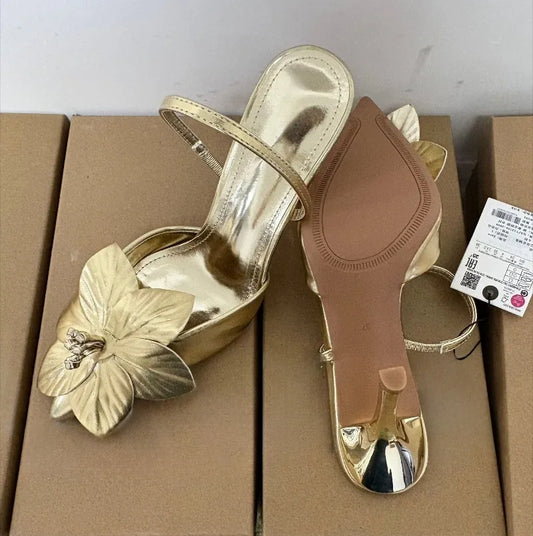 Golden Flower Wedding Party Ladies High Heels Shoes Sexy Pointed Toe Banquet Stiletto Unique Design Brand Women Modern Sandals