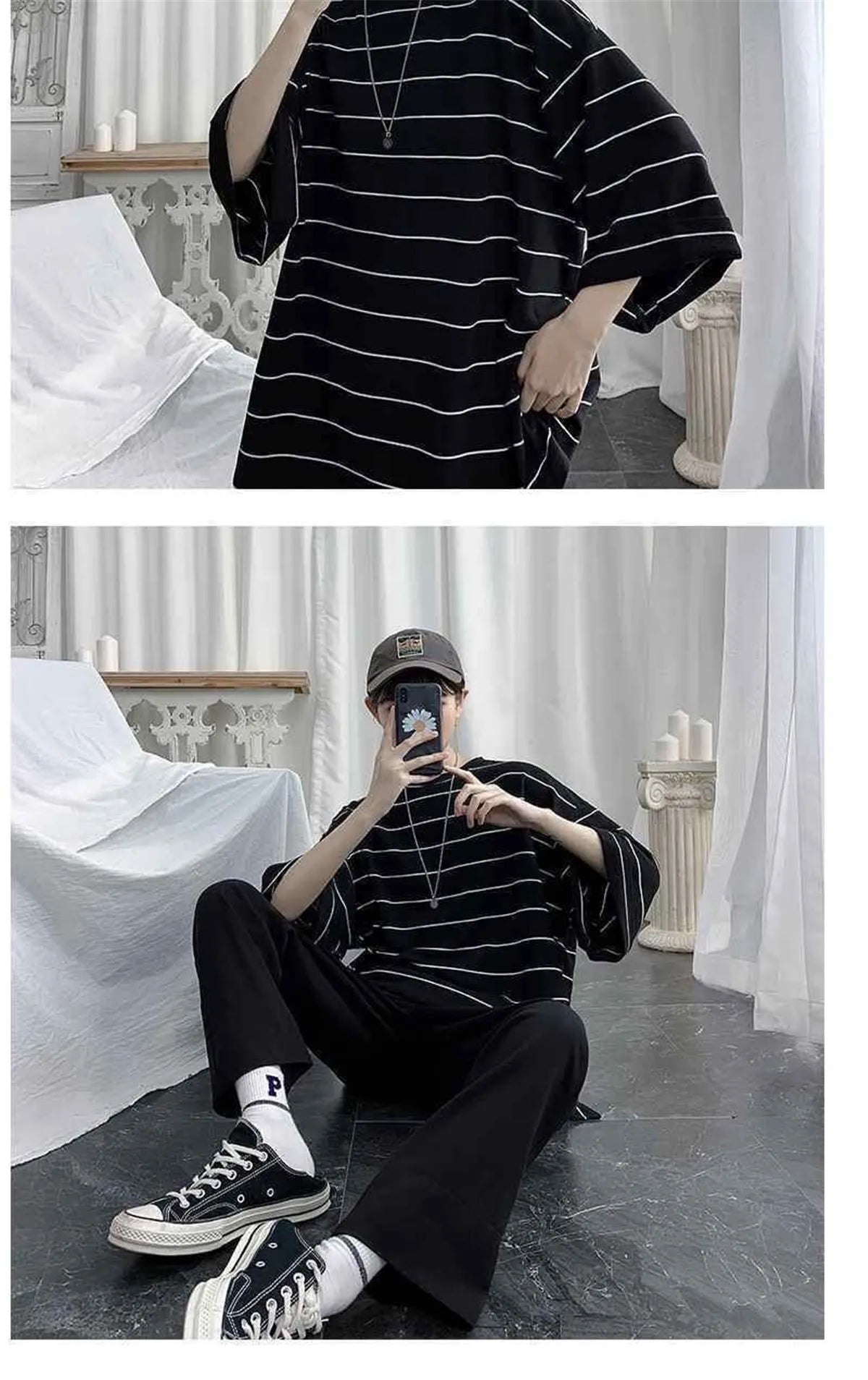 2026 Summer Oversized T-Shirt Men Funny Harajuku Tshirt Streetwear Femme Striped Japan Hip Hop Loose Half Sleeve T Shirts Male