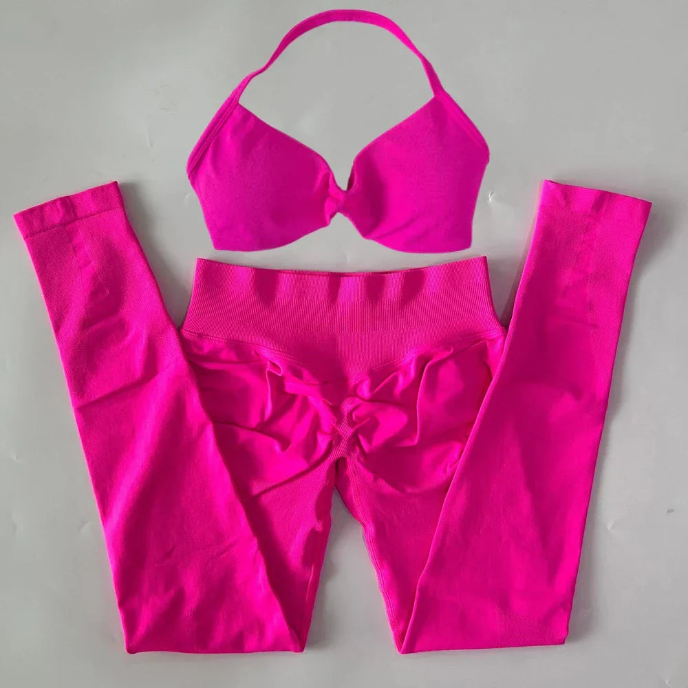 2 Pieces Set For Woman Strappy Yoga Bra Sports Top Workout Leggings Set Seamless Gym Set Fitness Clothes Outfit Activewear