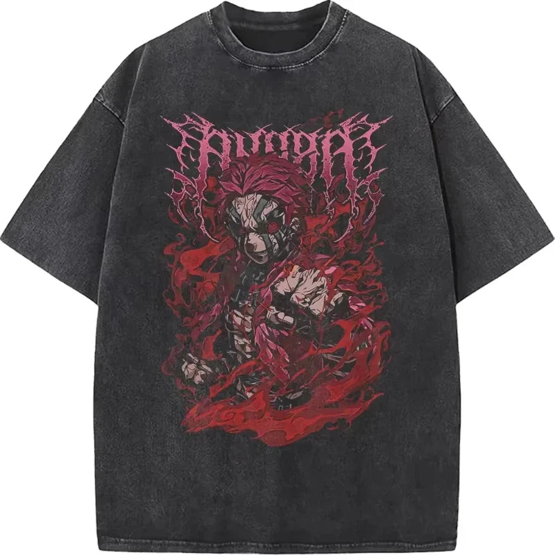 Japanese Anime Demon Slayer Akaza Graphic Washed T-shirts Women’s Men's Clothing Harajuku Y2K Oversized Cotton Half-sleeve Tops