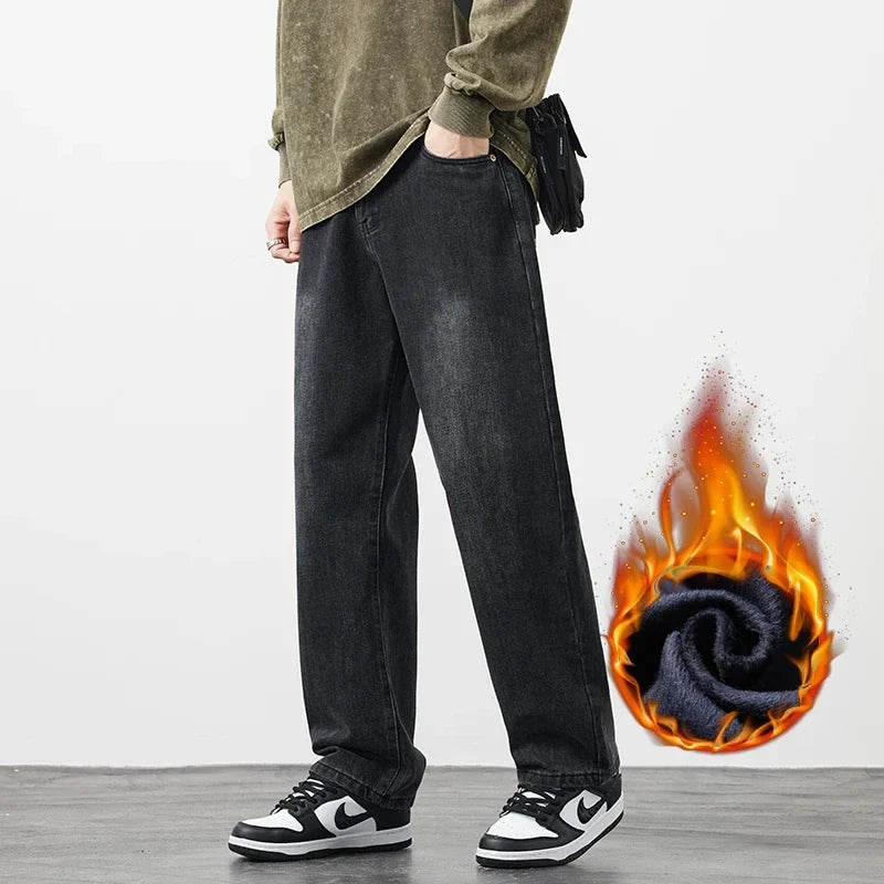 Thick Vintage Jeans Men's Winter Straight Warm Fleece Baggy Thermal Denim Trousers Fashion Korean Wide Male Plush Pants