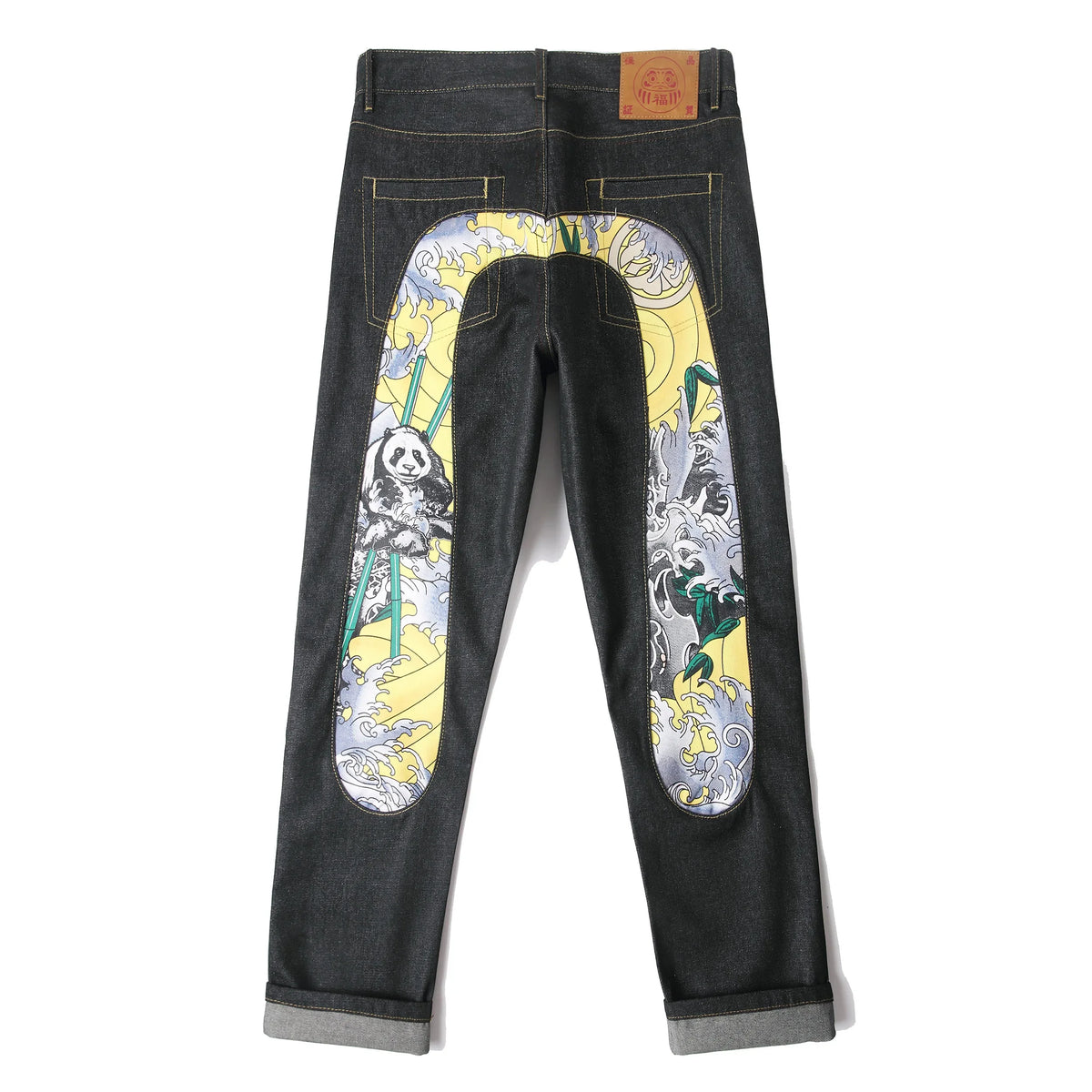 Men's Japanese Handmade Embroidered Cotton Jeans Straight Tube Slim Fit Hip-Hop Trousers Red Ear Detail Devil Big M Golden Text