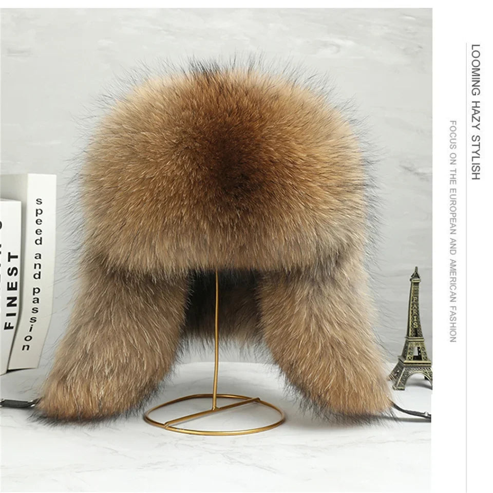Men's Hat Winter Natural Raccoon Fur Er Hats Russian Hat Outdoor Warm Soft Luxury Quality Real Fur Cap Fur Hat for Men Caps