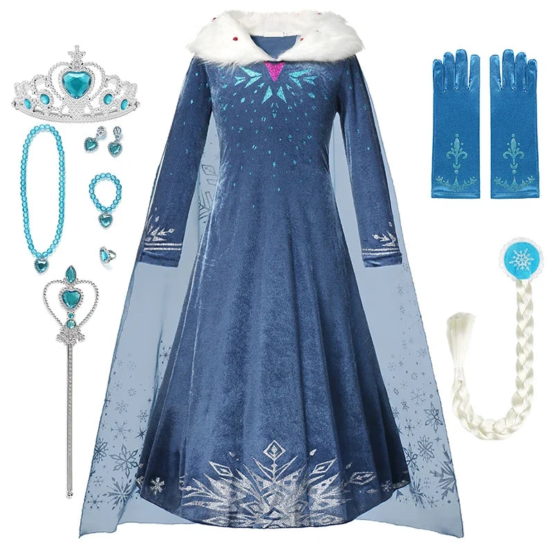 Blue Snowflake Princess Dress Winter Long Sleeve Fur Collar Snow Queen Costume Dress Girl Elsa New Year Christmas Party Clothes