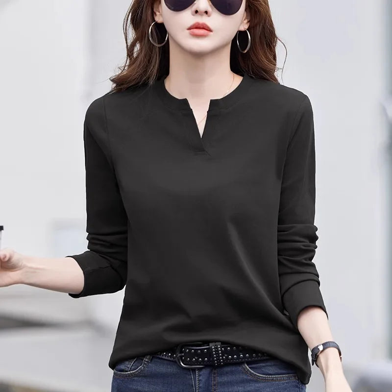 Spring and Autumn All Seasons Women's Long sleeved T-shirt Wine Red Pure Cotton New Fashion Large V-neck Slim fit Casual Top 3XL