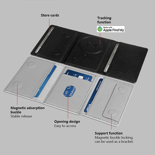 Luxury Leather Magnetic Storage Charge Wallet Bracket For iPhone 16 15 14 13 12 Pro Max Findmy Magsafe With Tracking Anti-theft