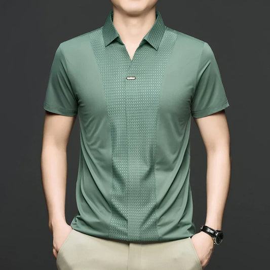 Personality jacquard splicing short sleeve Polo shirt men ice silk breathable high quality fashionable buttonless V-neck T-shirt