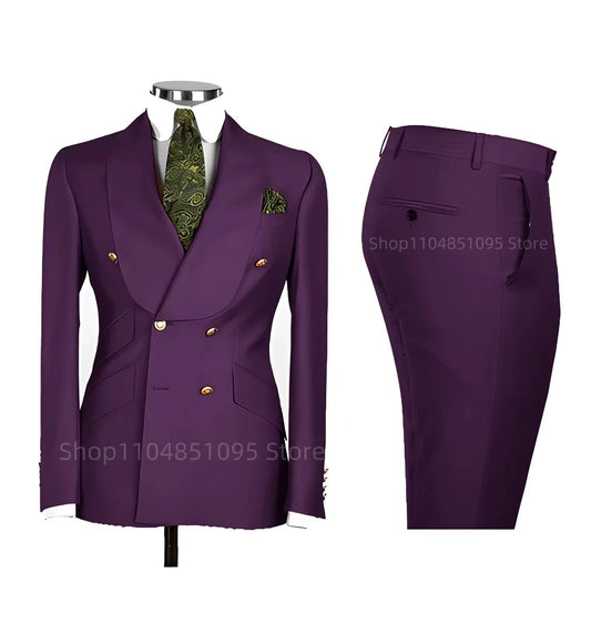 Smart Casual Solid 2 PCS Men Suits Formal Groom Tuxedos Shawl Lapel Double Breasted Jacket Pants Business/Wedding Suits Set