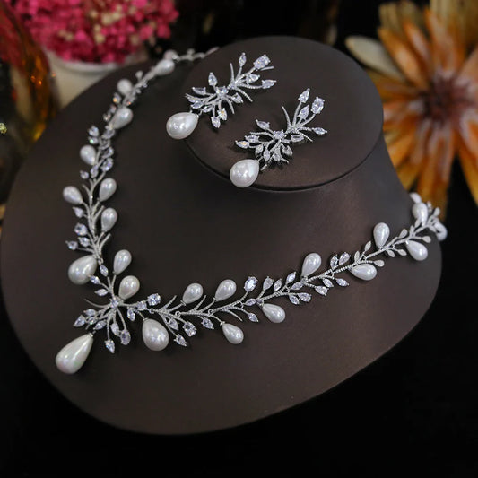 Luxury White Cubic Zirconia Big Pearl Necklace and Earrings Wedding Bridal Party Jewelry Sets for Women Envio Gratis Todo X0470