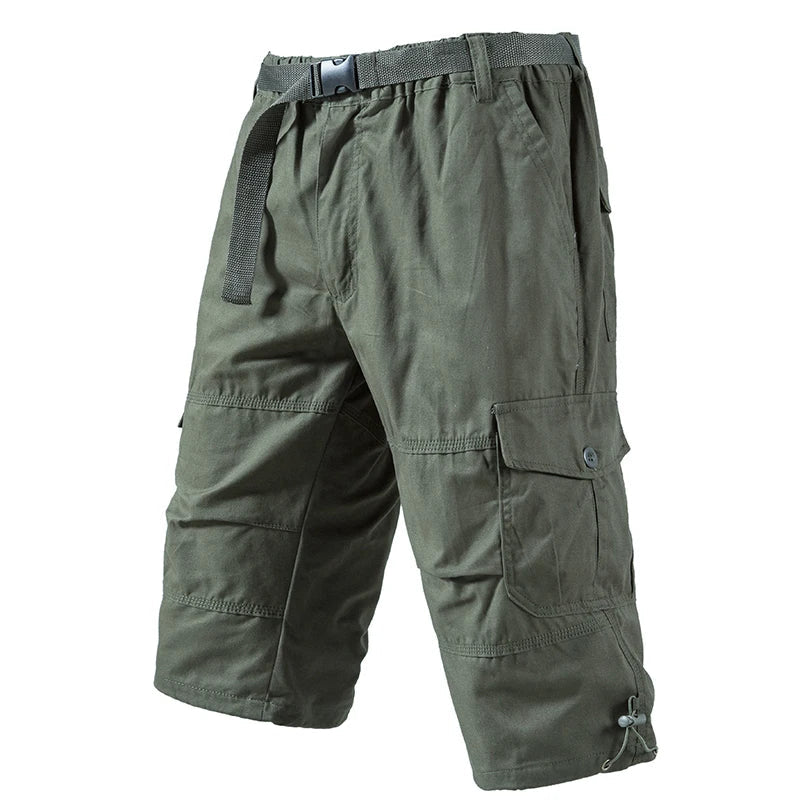 Men's Cargo Shorts 3/4 Casual Running Shorts Below Knee Elastic Waist Hiking Outdoor Jogging Fishing Shorts with a Belt