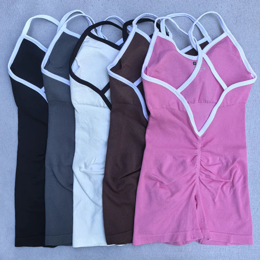 Summer Seamless Yoga Jumpsuit Women Gym Set Spaghetti Strap Leisure Workout Gym Shorts Padded Bra One-piece Fitness Bodysuits
