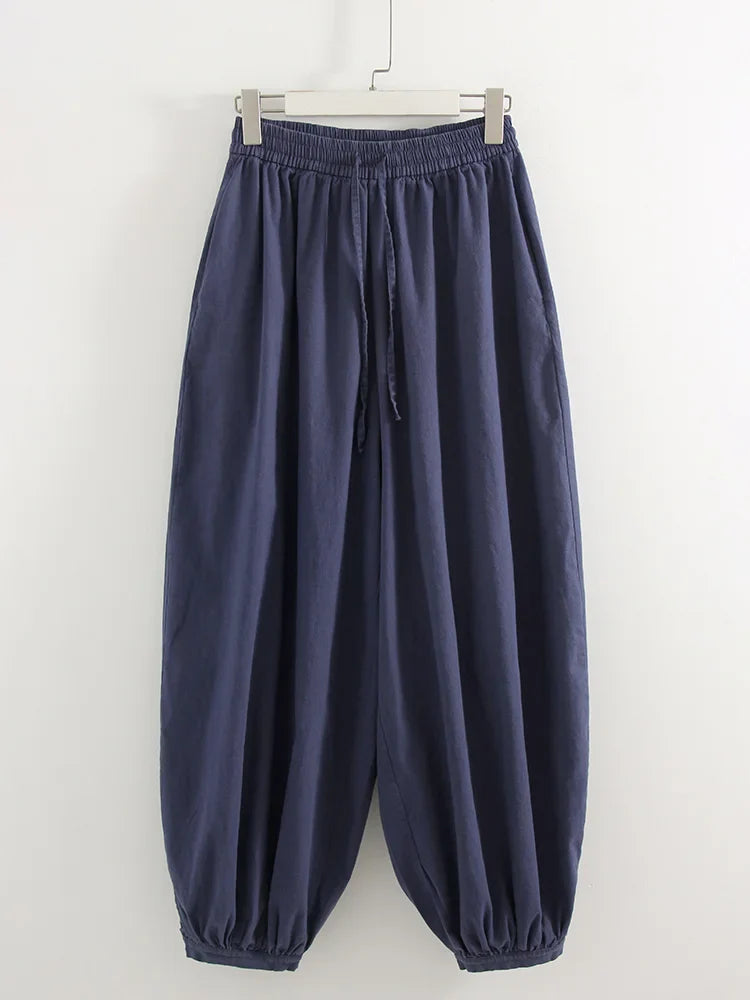 Summer Cotton Oversized Pants For Women Blue Baggy Aladdin Trousers Elastic Bloomers Navy Blue Cropped Lantern Harem Pants Woman