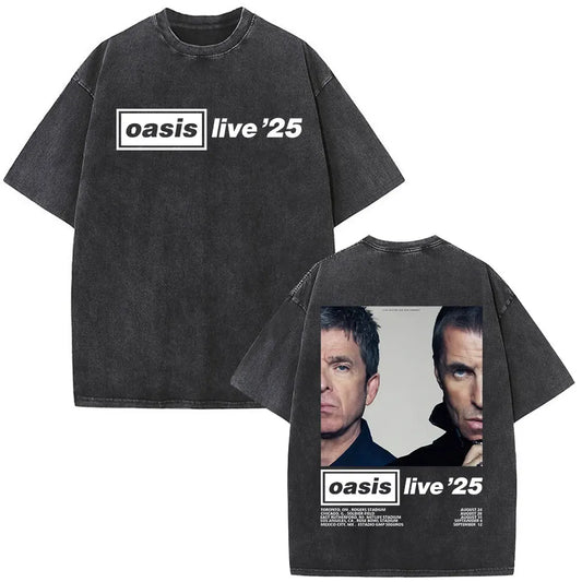 O-Oasis T-Shirts British Rock Band Vintage Washed T-shirt Men Women Clothing Cotton Casual Short Sleeve T Shirts Tops Streetwear