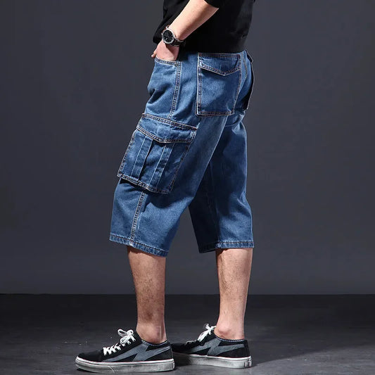 Amazon Summer Thin Loose-Fit Multi-Pocket Work Denim Shorts Casual Jeans Men's 5-Piece 7-Piece Ankle Length Blue Straight Leg