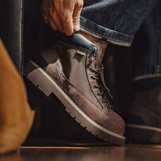 Maden Men's Vintage Splice Suede Work Boots Chunky Sole Round Toe Combat Boots Lace-Up Ankle Boots for Desert Hiking & Casual