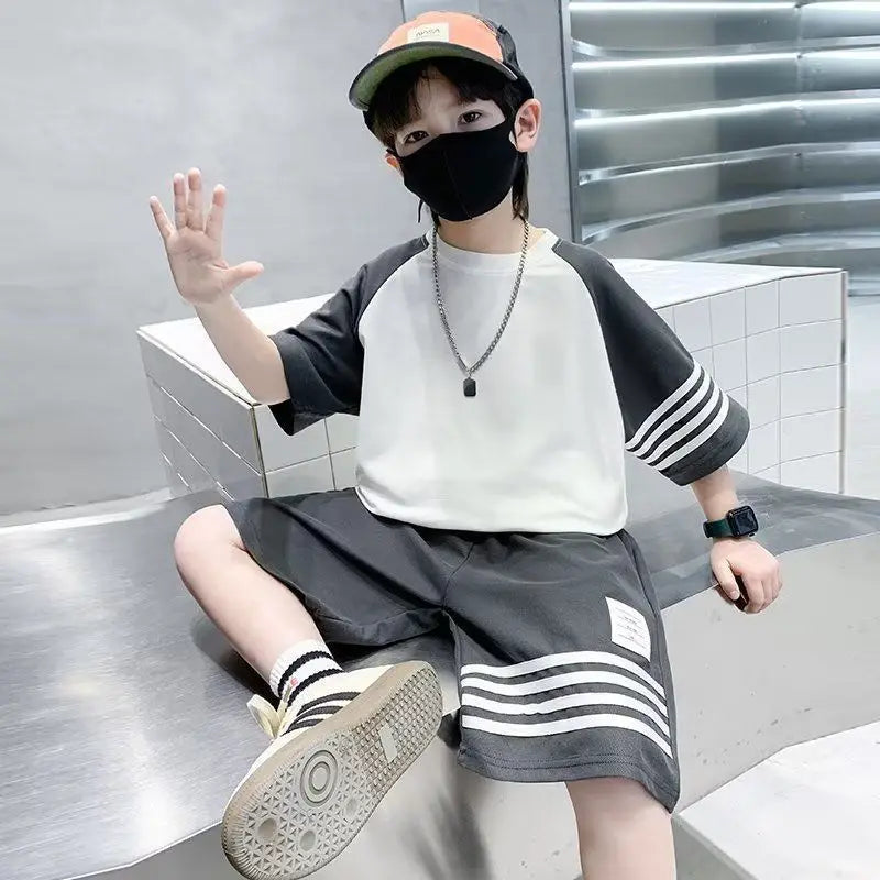 Summer Casual Boys Cotton Contrast Striped t-Shirt Tops+Short Pant Sets School Kids Tracksuit Child 2PCS Jogging Outfit 5-16 Yrs