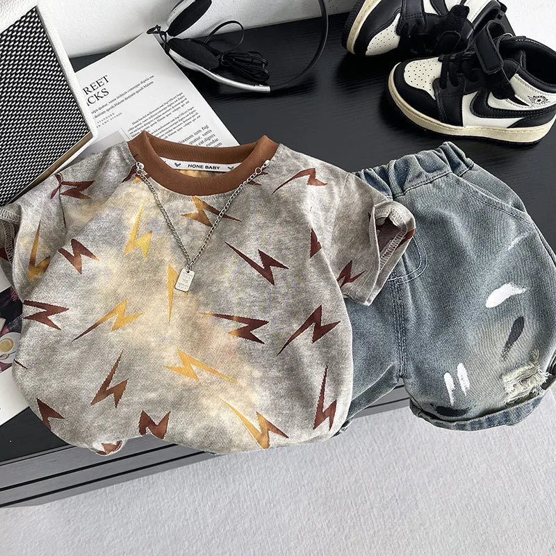 Children Handsome Suit Casual Clothes Summer New Zaidan Lightning T-shirt with Necklace+ Ripped Jeans 2Pcs/set Infant Tracksuits