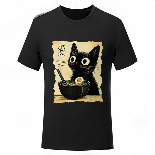 Funny Cat Ramen Graphic Tee Japanese Kawaii Anime Cat T-Shirt Fashion T-shirts Short Sleeve Clothes Trend Casual Unisex Tshirts