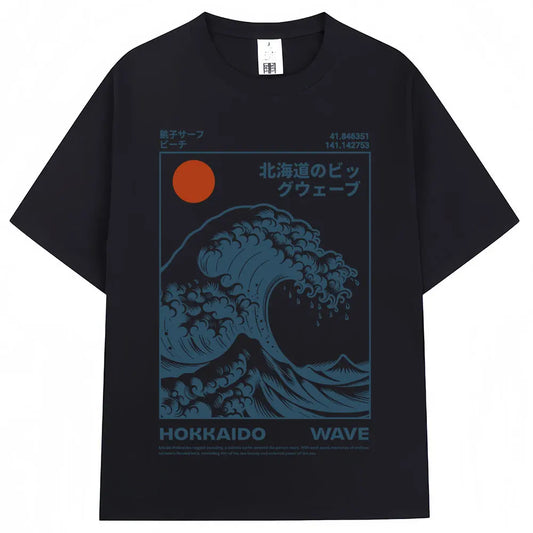 Japanese Style Hokkaido Wave Vintage T-shirt Men Women Harajuku Fashion High Quality T Shirts Oversized Cotton Summer Tee Shirt