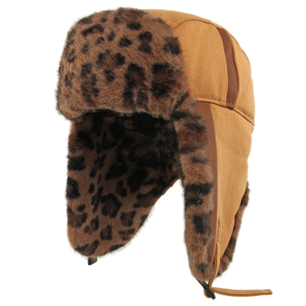 Bomber Hat Men Women Thick Warm Winter Hat Leopard Fur Earflap Cap Male Female Russian Hat Windproof Snow Ski Trapper Cap