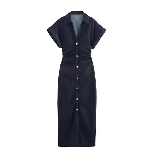Denim Dress Women's Spring Summer Casual Long Dresses For Women 2026 New Fashion Ruched Short Sleeve Streetwear Midi Dress