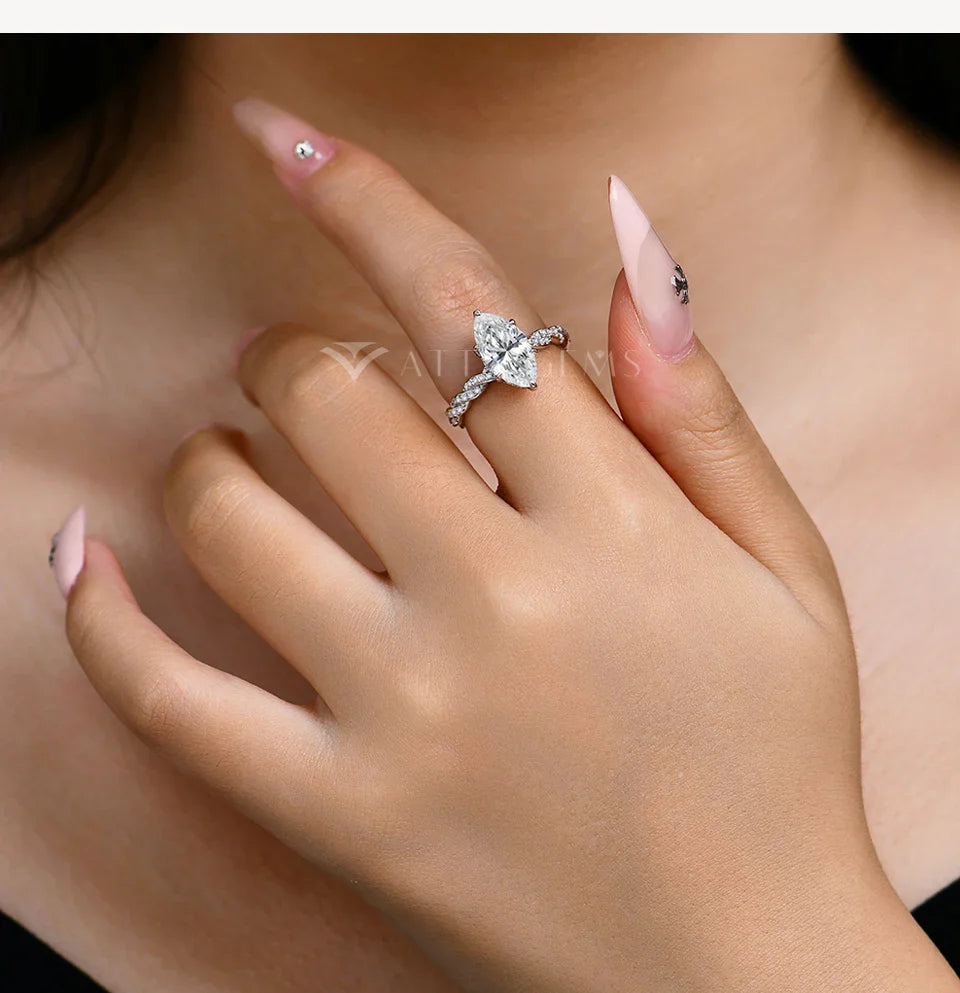ATTAGEMS Bague de Fiançailles pour Femme en Moissanite Taille Marquise 3,0 carats 14*7mm, Diamant de Laboratoire, Argent Sterling S925, Bijoux de Mariage et de Fête